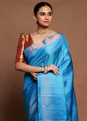 Blue Handloom Kanchipuram Pure Silk Saree With Blouse Piece