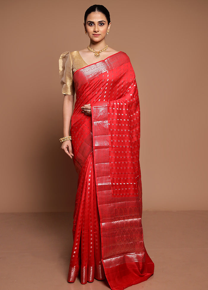 Red Dupion Silk Saree With Blouse Piece