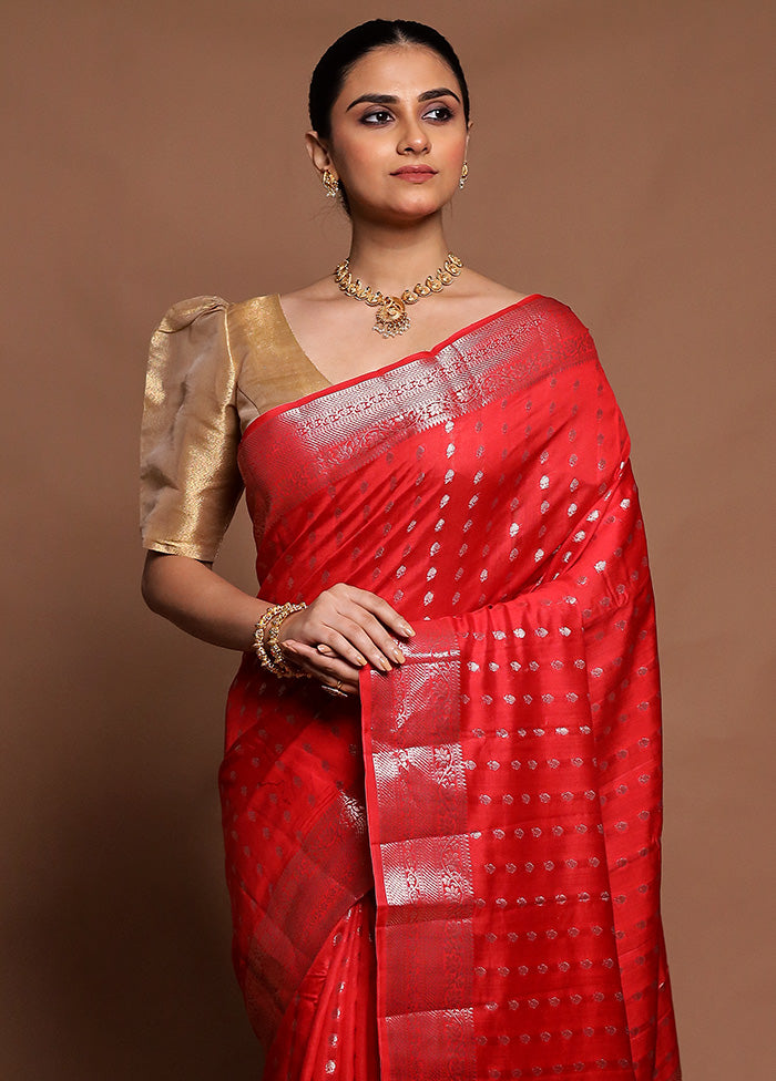 Red Dupion Silk Saree With Blouse Piece