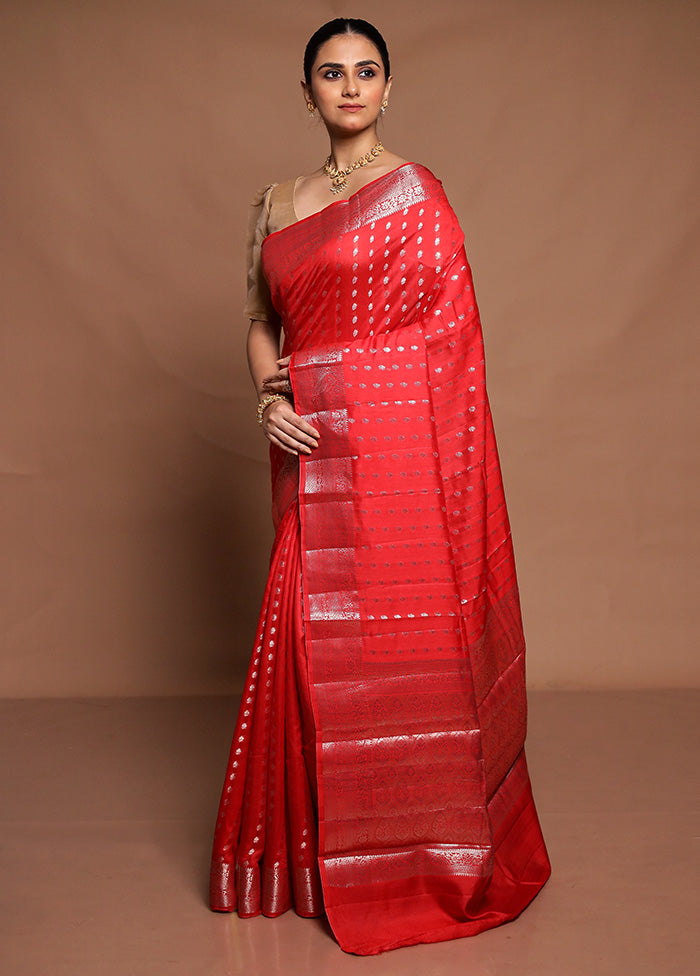 Red Dupion Silk Saree With Blouse Piece