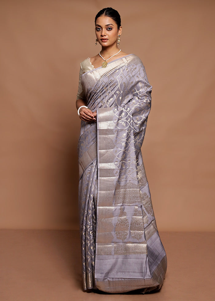 Grey Handloom Dupion Pure Silk Saree With Blouse Piece