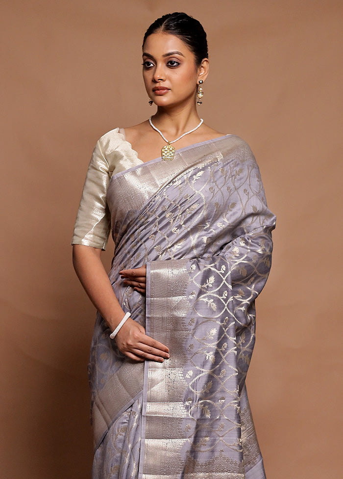 Grey Handloom Dupion Pure Silk Saree With Blouse Piece