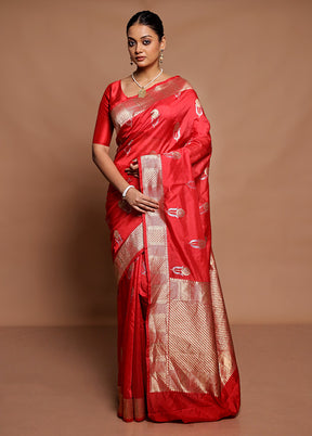 Red Dupion Silk Saree With Blouse Piece