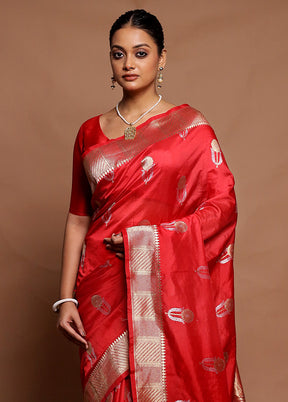 Red Dupion Silk Saree With Blouse Piece