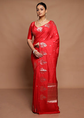 Red Dupion Silk Saree With Blouse Piece