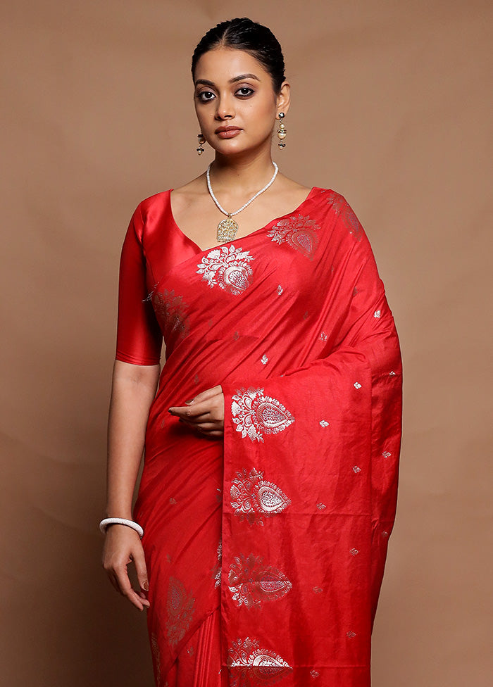 Red Dupion Silk Saree With Blouse Piece