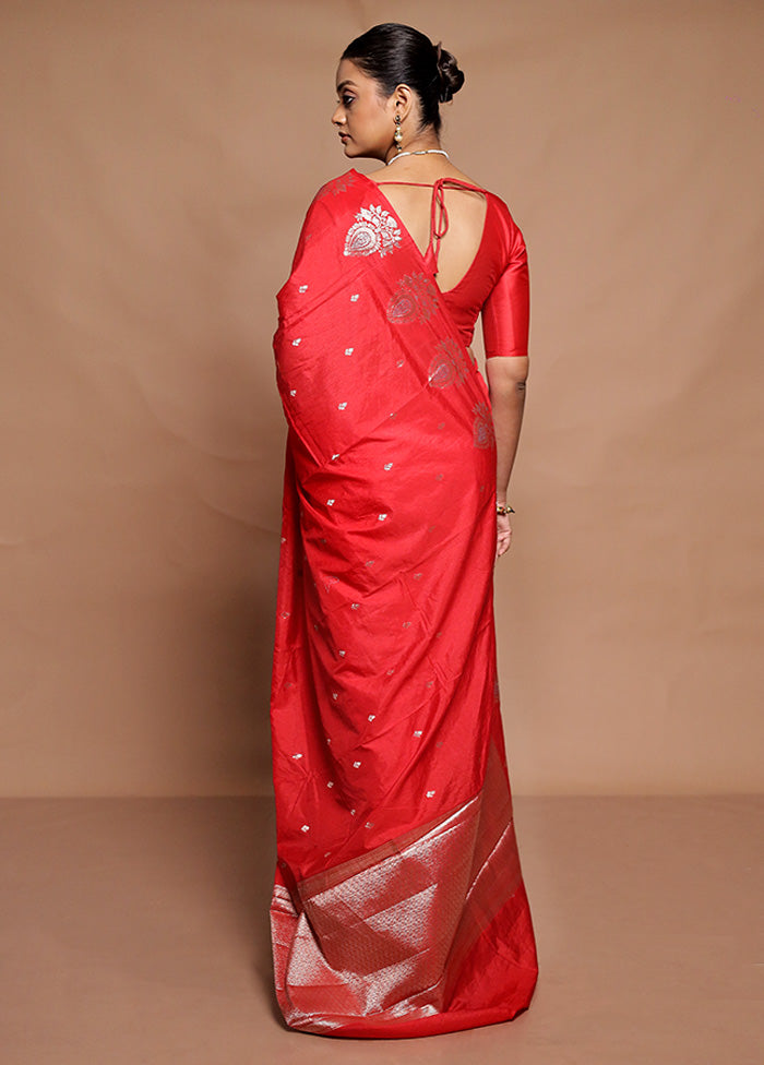 Red Dupion Silk Saree With Blouse Piece