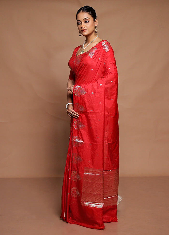 Red Dupion Silk Saree With Blouse Piece