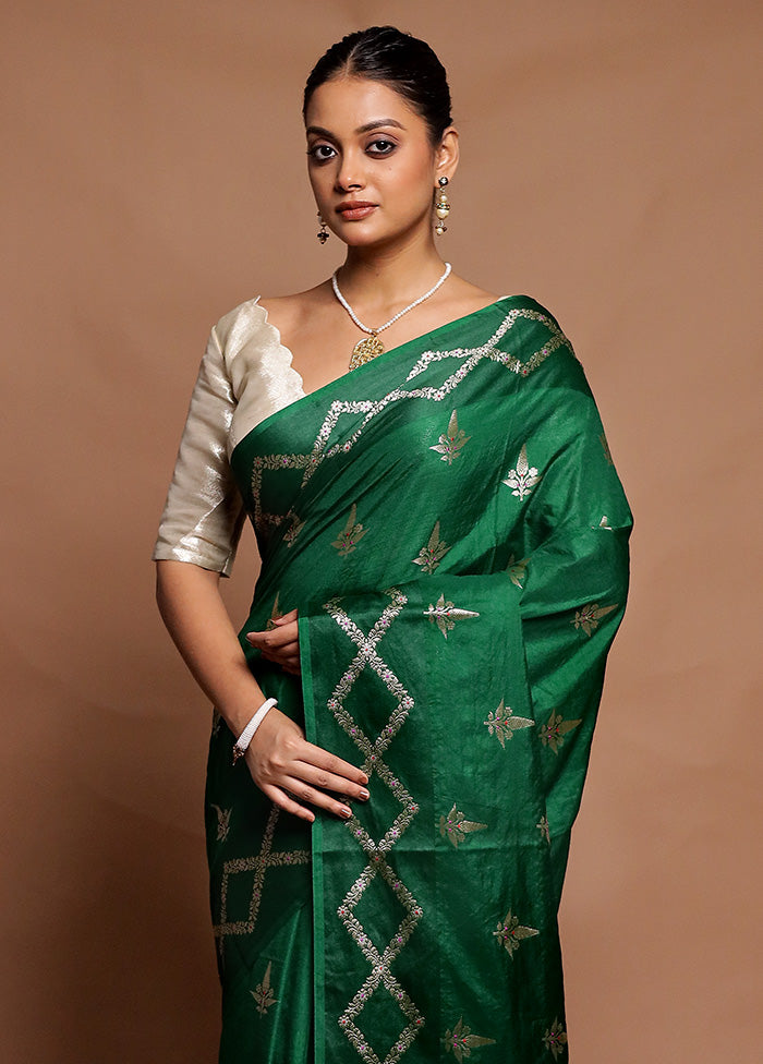 Green Dupion Silk Saree With Blouse Piece