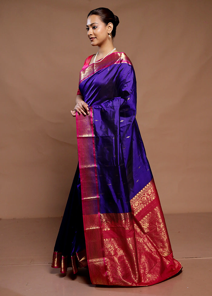 Blue Handloom Kanjivaram Pure Silk Saree With Blouse Piece