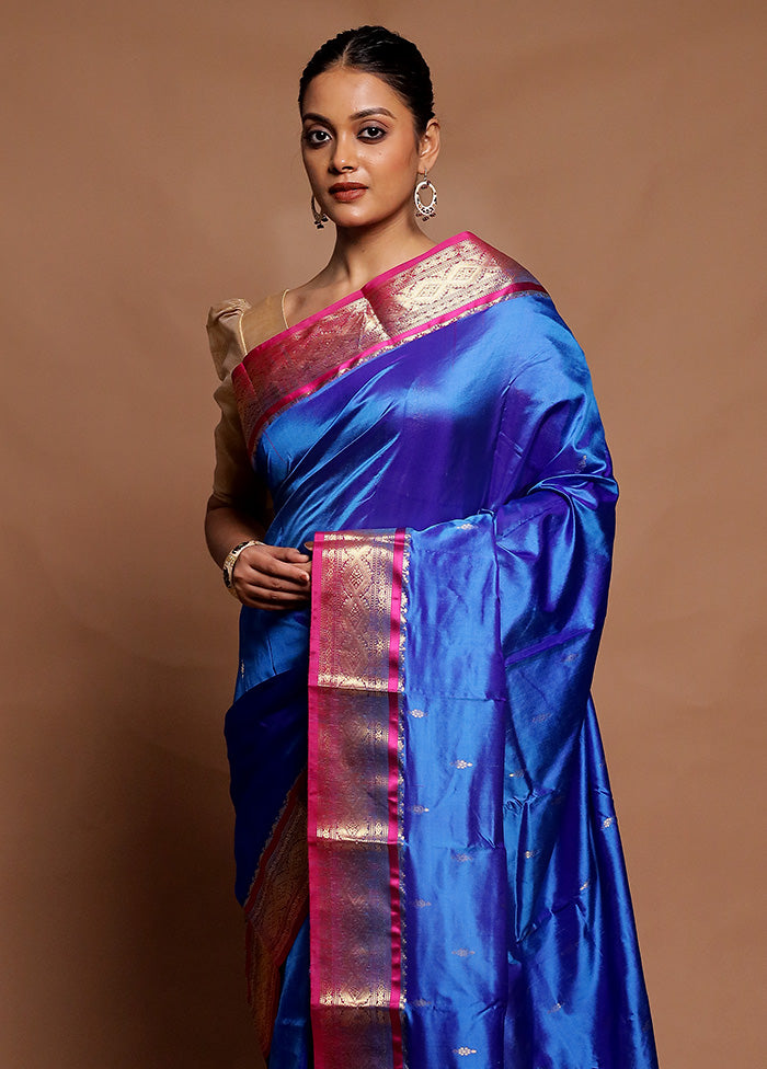 Blue Handloom Kanjivaram Pure Silk Saree With Blouse Piece