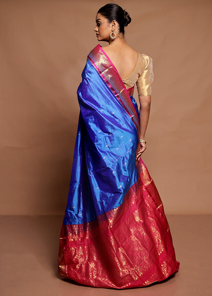 Blue Handloom Kanjivaram Pure Silk Saree With Blouse Piece