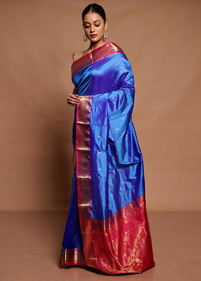 Blue Handloom Kanjivaram Pure Silk Saree With Blouse Piece