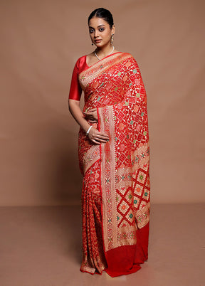 Red Pure Handloom Bandhej Saree With Blouse Piece