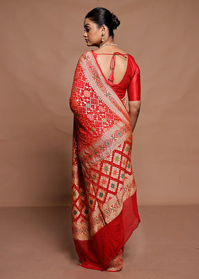 Red Pure Handloom Bandhej Saree With Blouse Piece