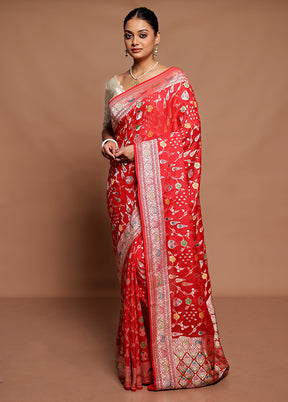 Red Handloom Pure Georgette Saree With Blouse Piece