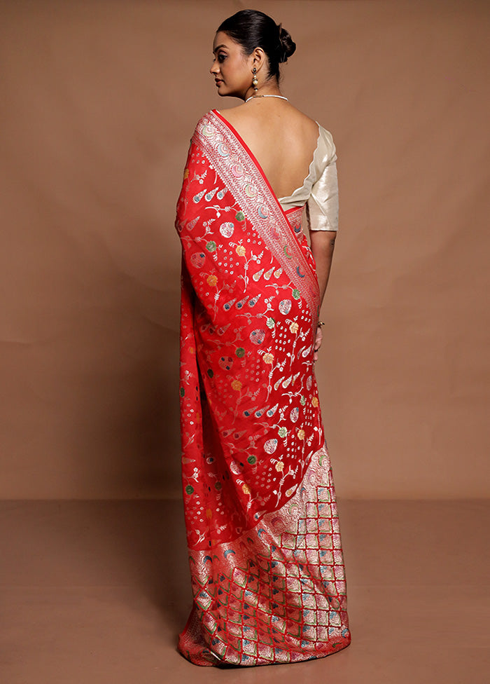 Red Handloom Pure Georgette Saree With Blouse Piece