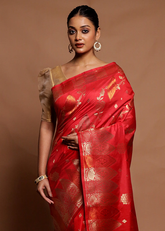 Red Dupion Silk Saree With Blouse Piece