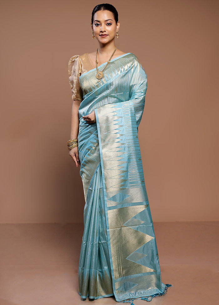 Blue Dupion Silk Saree With Blouse Piece