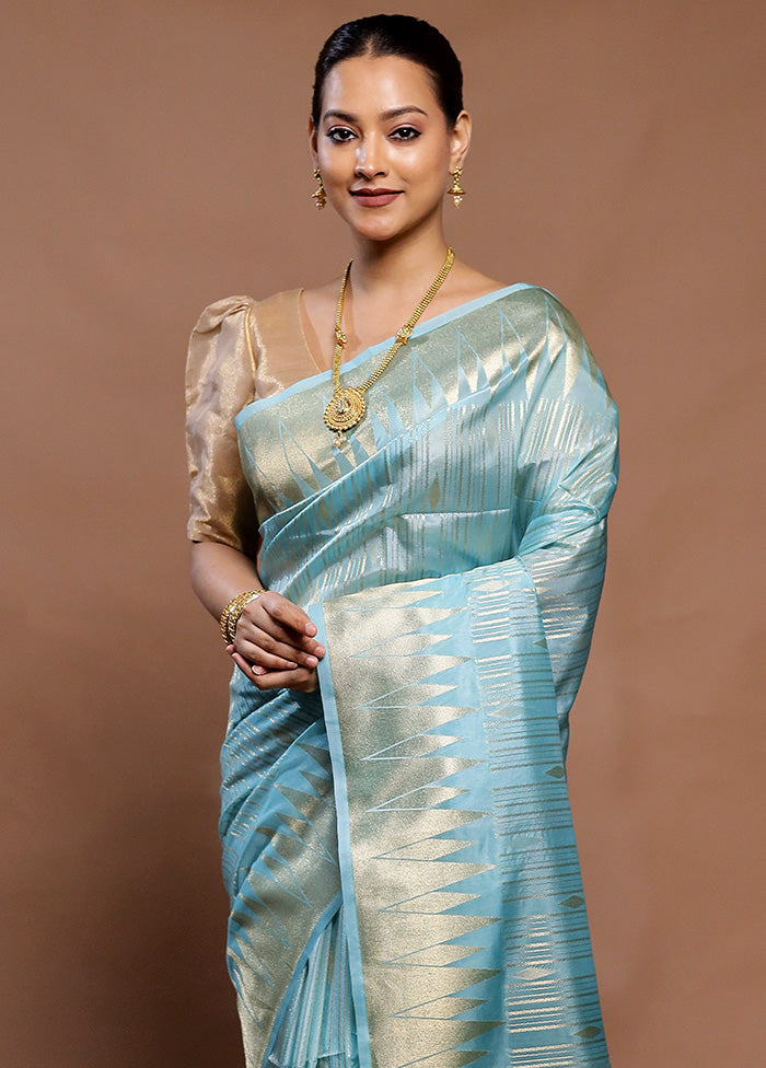 Blue Dupion Silk Saree With Blouse Piece