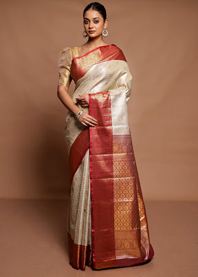 Cream Kanjivaram Silk Saree With Blouse Piece