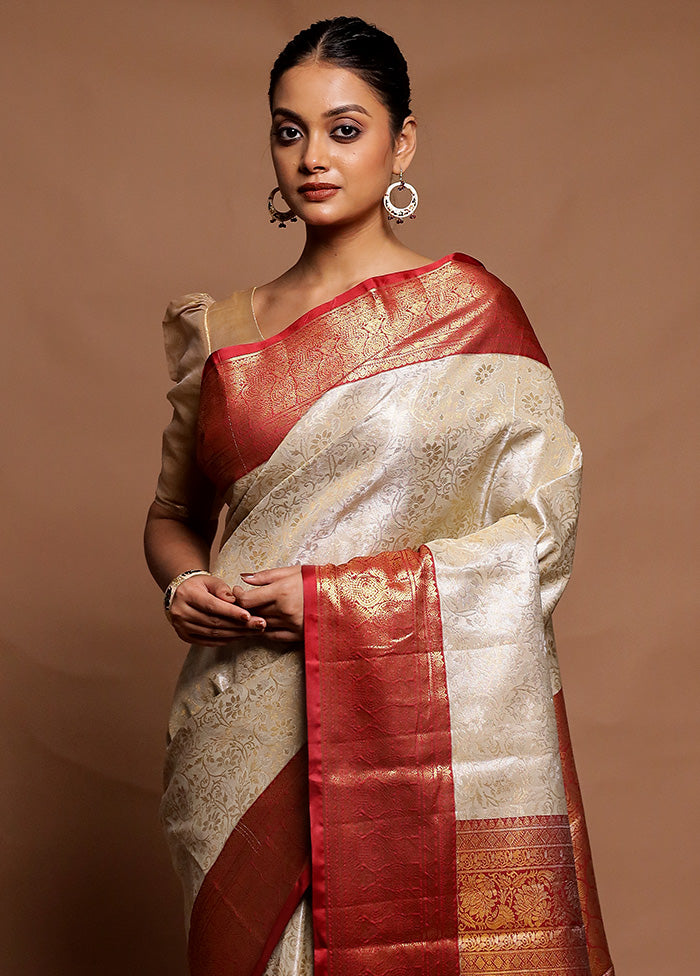 Cream Kanjivaram Silk Saree With Blouse Piece