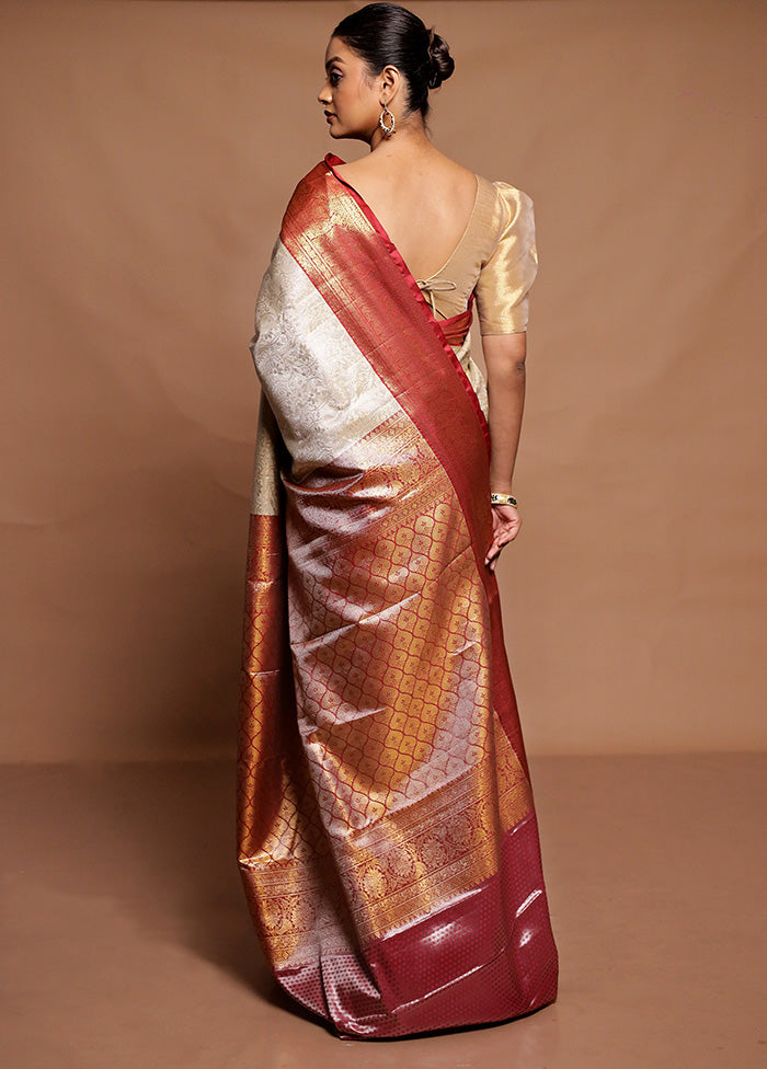 Cream Kanjivaram Silk Saree With Blouse Piece