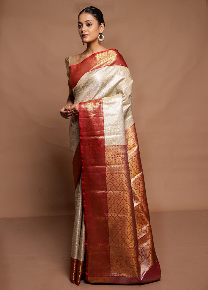 Cream Kanjivaram Silk Saree With Blouse Piece