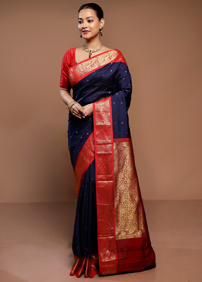 Blue Kanjivaram Silk Saree With Blouse Piece