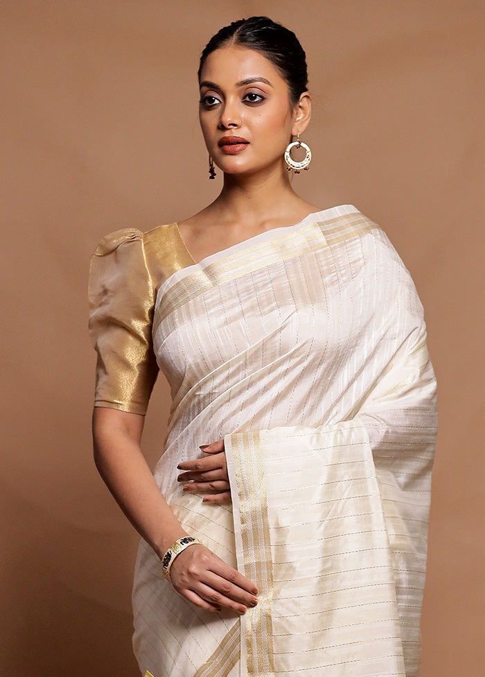 Cream Dupion Silk Saree With Blouse Piece