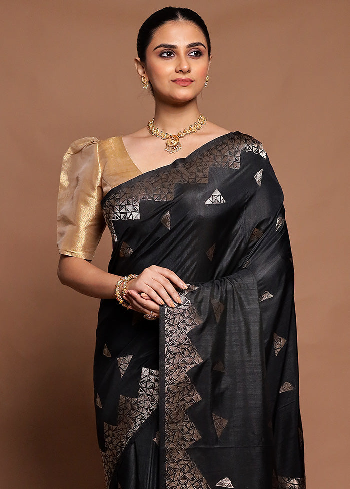 Black Dupion Silk Saree With Blouse Piece