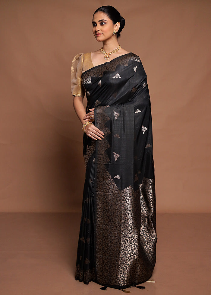 Black Dupion Silk Saree With Blouse Piece