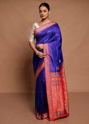 Blue Handloom Bomkai Pure Silk Saree With Blouse Piece