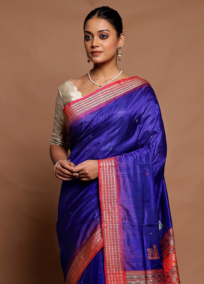 Blue Handloom Bomkai Pure Silk Saree With Blouse Piece