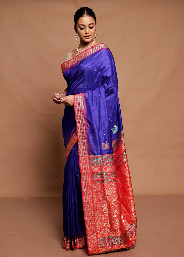 Blue Handloom Bomkai Pure Silk Saree With Blouse Piece