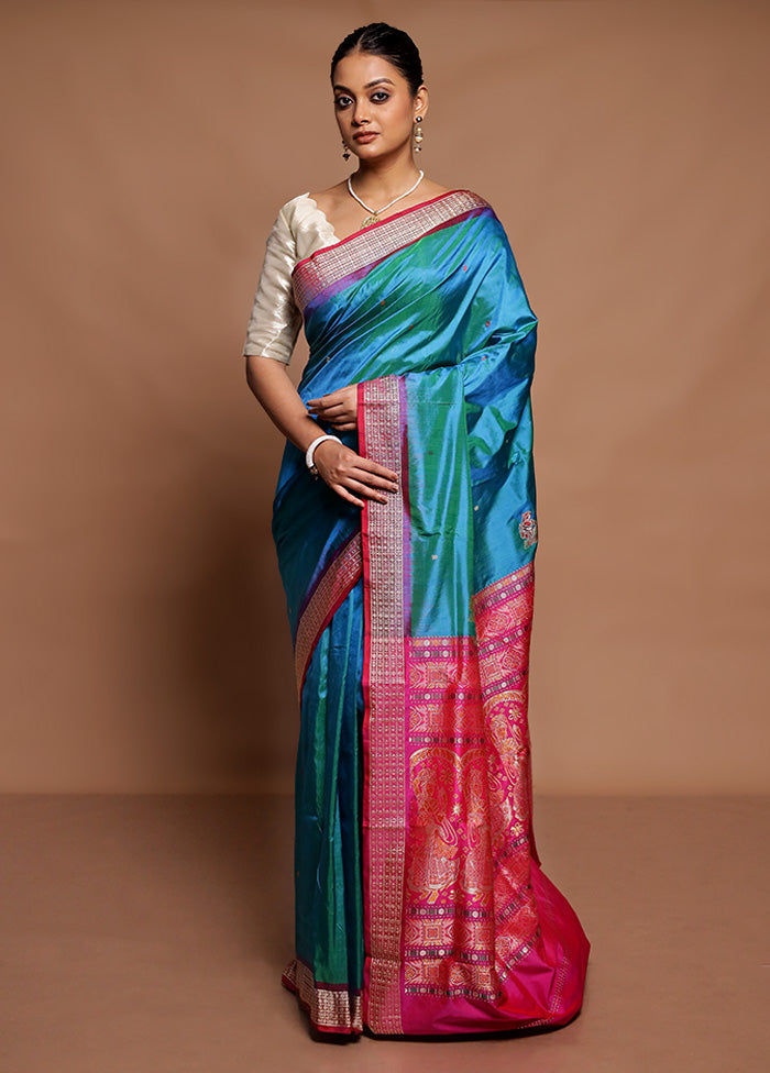 Blue Handloom Bomkai Pure Silk Saree With Blouse Piece