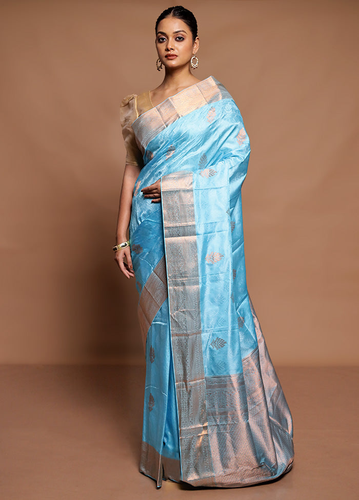 Blue Handloom Kanchipuram Pure Silk Saree With Blouse Piece