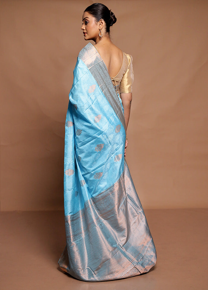 Blue Handloom Kanchipuram Pure Silk Saree With Blouse Piece