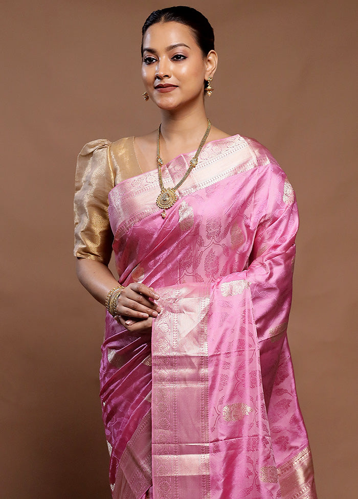 Pink Handloom Kanchipuram Pure Silk Saree With Blouse Piece