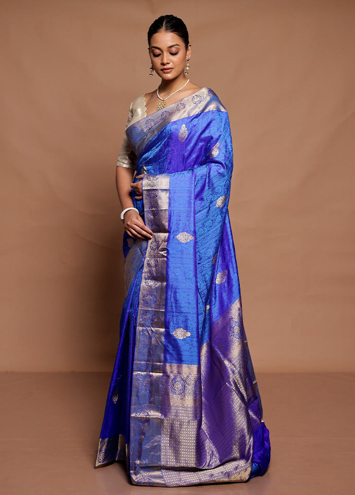 Blue Handloom Kanchipuram Pure Silk Saree With Blouse Piece