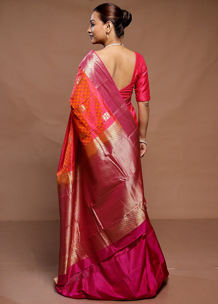 Orange Handloom Kanchipuram Pure Silk Saree With Blouse Piece