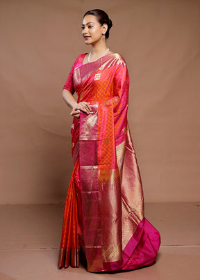 Orange Handloom Kanchipuram Pure Silk Saree With Blouse Piece