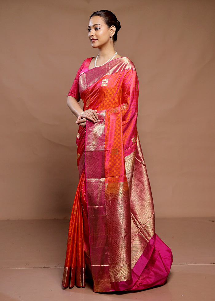 Orange Handloom Kanchipuram Pure Silk Saree With Blouse Piece