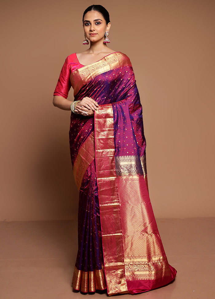 Purple Handloom Kanchipuram Pure Silk Saree With Blouse Piece