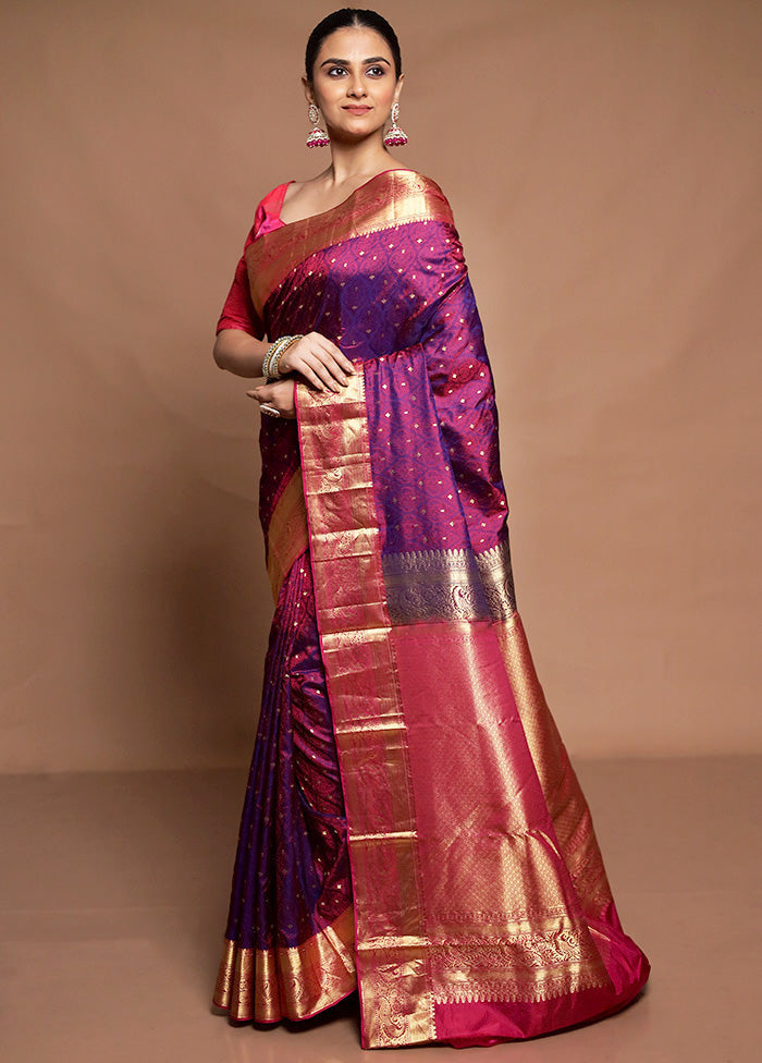 Purple Handloom Kanchipuram Pure Silk Saree With Blouse Piece