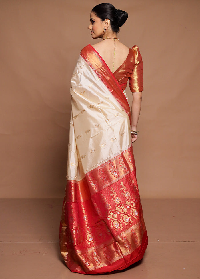 Cream Handloom Kanchipuram Pure Silk Saree With Blouse Piece