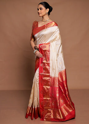 Cream Handloom Kanchipuram Pure Silk Saree With Blouse Piece