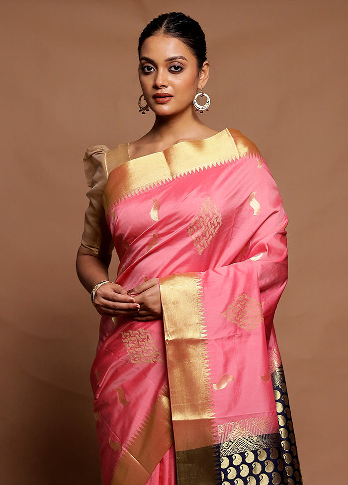 Pink Kanjivaram Silk Saree With Blouse Piece