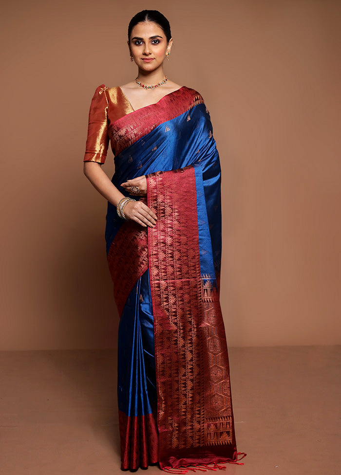 Blue Dupion Silk Saree With Blouse Piece