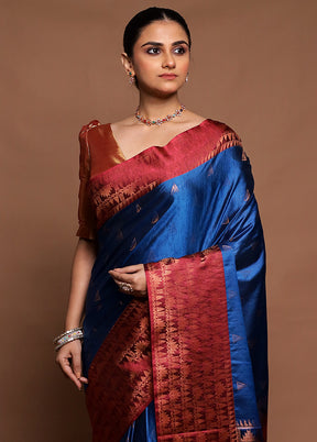 Blue Dupion Silk Saree With Blouse Piece